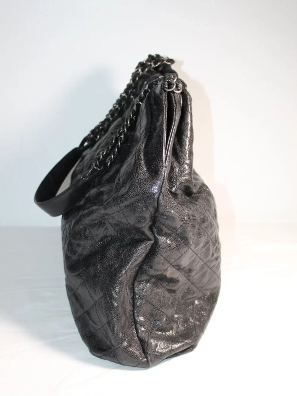Chanel Caviar Black Hobo Quilted Elastic CC Chain Leather Strap Shopper Tote